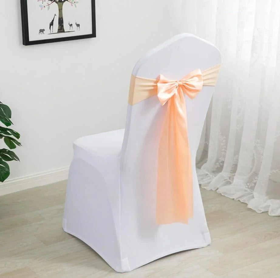 Spandex chair sashes with stretch lycra bow ties for weddings and events, featuring elegant, adjustable fabric decoration for chairs.