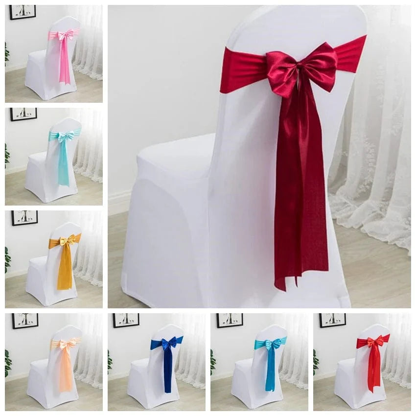 Elegant white spandex chair sashes with bow ties by Showlu Fashion Store, ideal for weddings, parties, and special events.