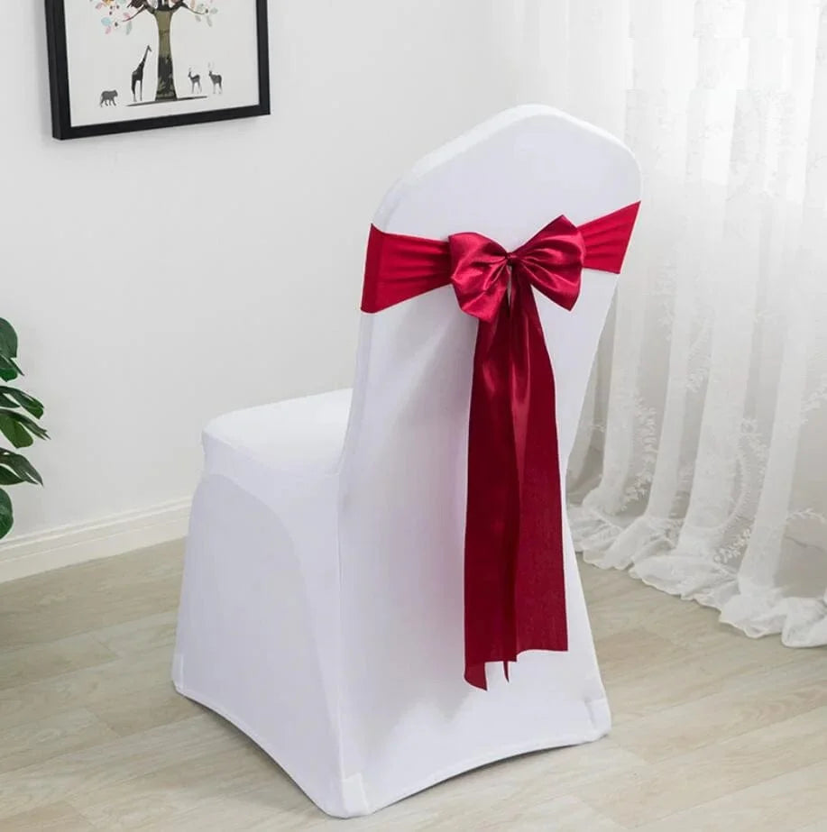 Spandex chair sashes with bow ties for weddings and parties, made of stretch Lycra fabric, ideal for event decorations.