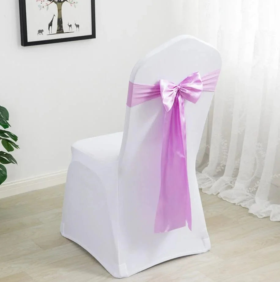 Spandex chair sashes with stretch lycra bow ties, ideal for weddings, parties, and events, showcasing elegant hotel and celebration decor.