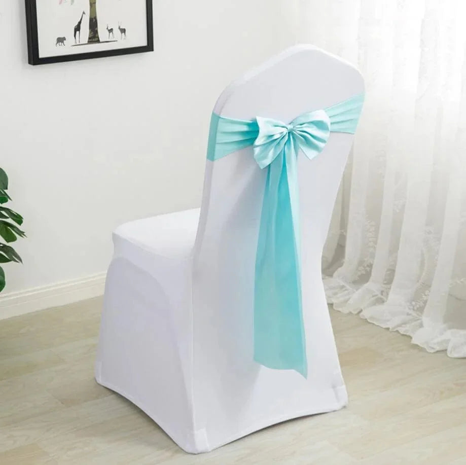 Spandex chair sashes with bow ties in stretch lycra fabric, perfect for weddings, parties, and event decorations.