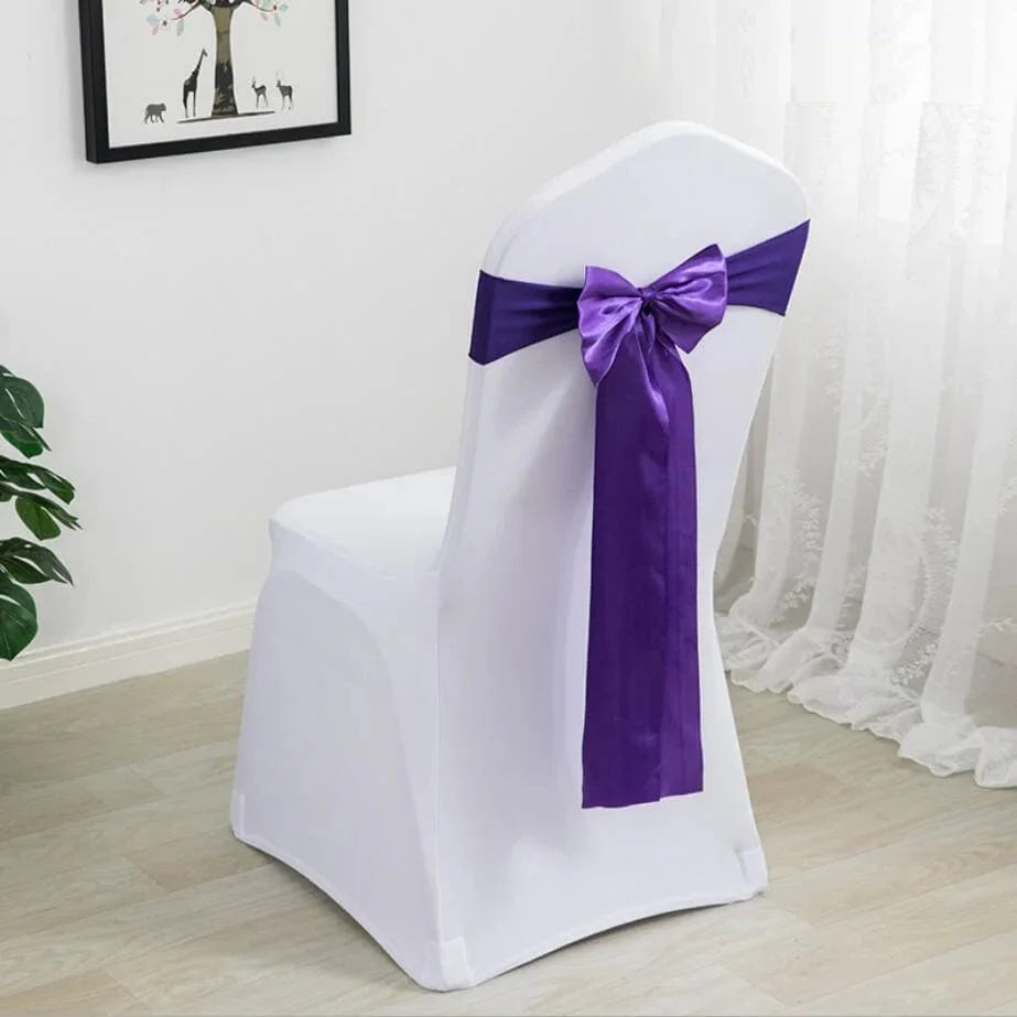 Spandex chair sashes with bow ties for weddings and events, made of stretch Lycra fabric, perfect for hotel and party decor.