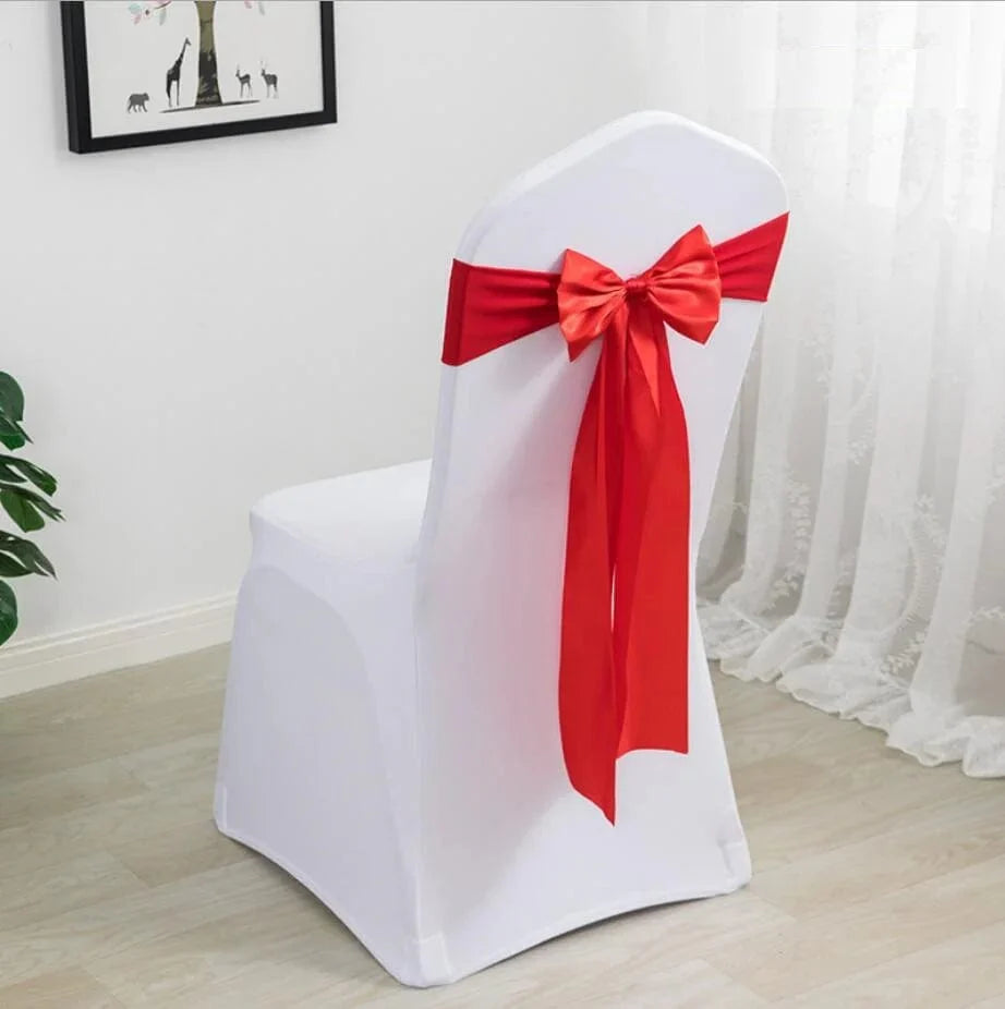 Spandex chair sashes with bow ties for weddings and events, made of stretch Lycra fabric, suitable for hotel, birthday, and party decorations.