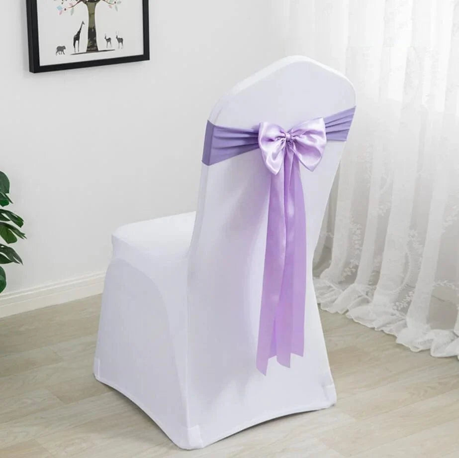 Spandex chair sashes with bow ties for weddings and events, shown in stretch lycra fabric, ideal for hotel, birthday, or party décor