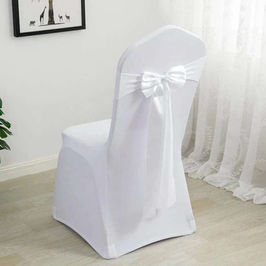 Spandex chair sashes with bow ties for weddings and parties, featuring stretch lycra fabric and elegant decoration.