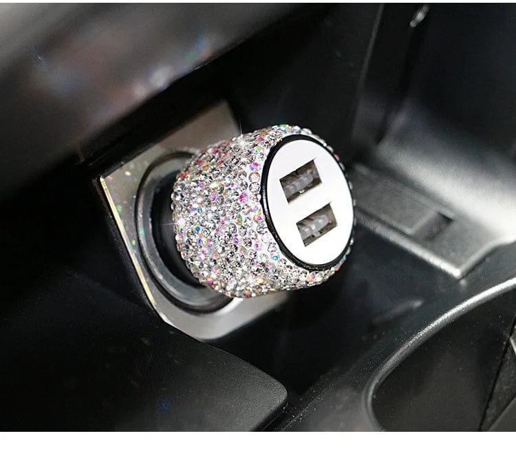 Sparkling Showlu Dual USB Car Charger with rhinestones, fast charging adapter for convenient in-car device charging.