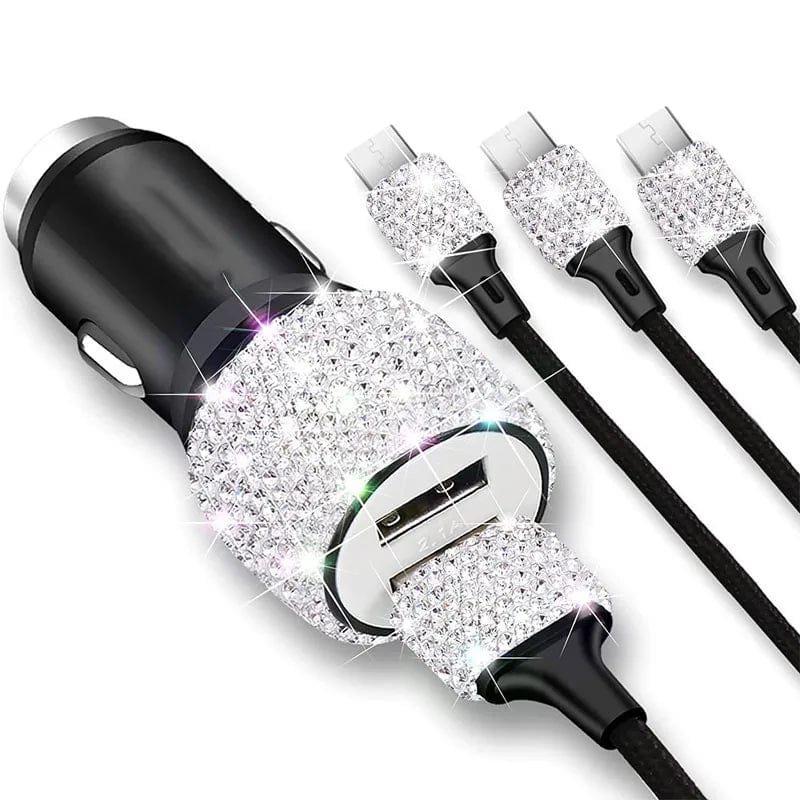 Sparkling Showlu Dual USB Car Charger with rhinestones, fast charging adapter for convenient in-car device charging.