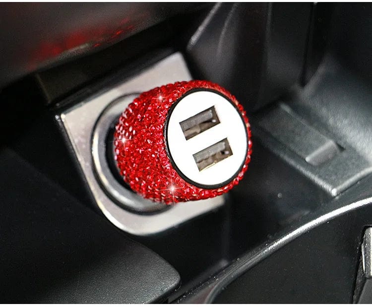 Sparkling Showlu Dual USB Car Charger with rhinestones for fast charging, stylish accessory for car interior.