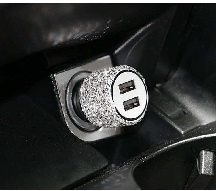 Sparkling Showlu Dual USB Car Charger with rhinestones, fast charging adapter for car devices, stylish and functional.