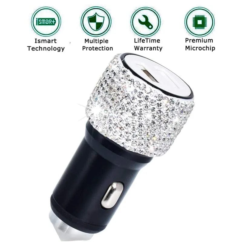 Sparkling Showlu Dual USB Car Charger with rhinestones and fast charging ports for convenient in-car device charging.