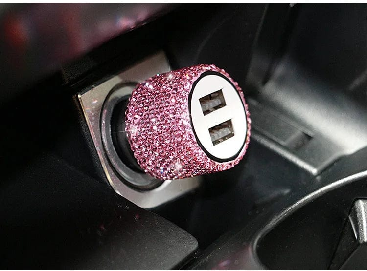 Sparkling Showlu Dual USB Car Charger with rhinestones, fast charging adapter, compact design, perfect for stylish vehicle charging.