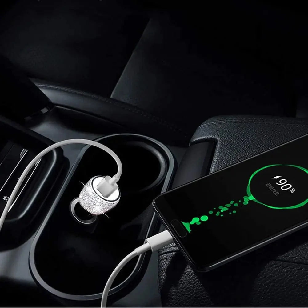 Sparkling Showlu dual USB car charger with rhinestones, fast charging adapter for smartphones and tablets, stylish automotive accessory.