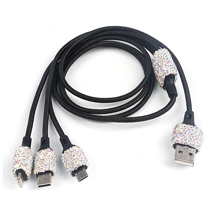 Showlu Dual USB Car Charger with sparkling rhinestones, fast charging adapter for car, stylish jewelry-inspired design.