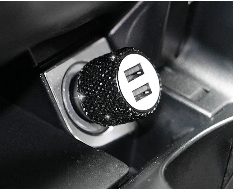 Sparkling Showlu Dual USB Car Charger with rhinestones, fast charging adapter, designed for stylish, convenient in-car device charging.