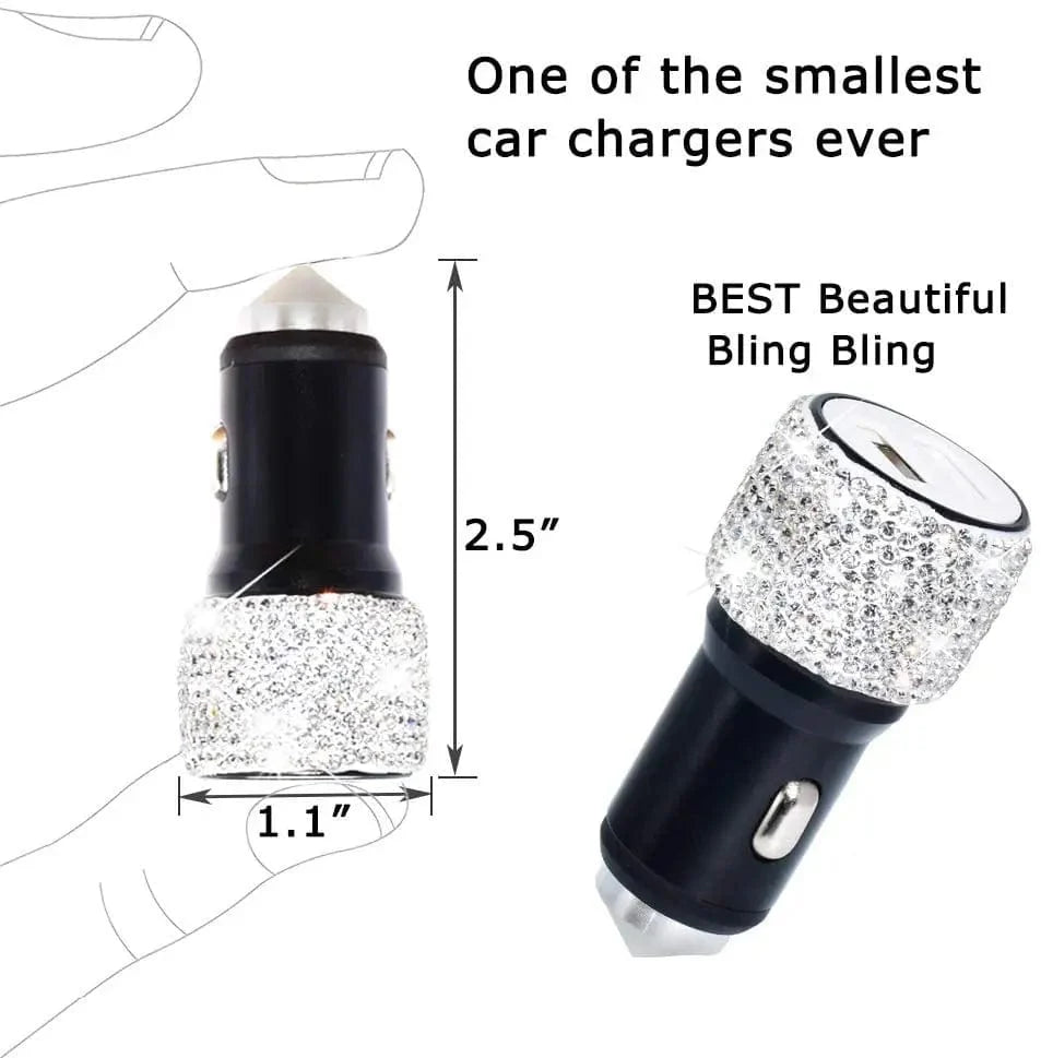 Sparkling Showlu Dual USB Car Charger with rhinestone accents and fast charging capability for convenient in-car device charging.