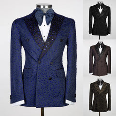 Sparkly Men Wedding Suits Peaked Lapel Tuxedos Beads Crystal 2 Pcs (Blazer+Pants) Prom Evening Party Custom Made - SHOWLU FASHION STORE