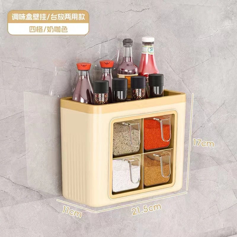 Showlu Nordic multi-compartment spice box and kitchen storage rack with salt, MSG bottles, and utensils for organized kitchen storage.