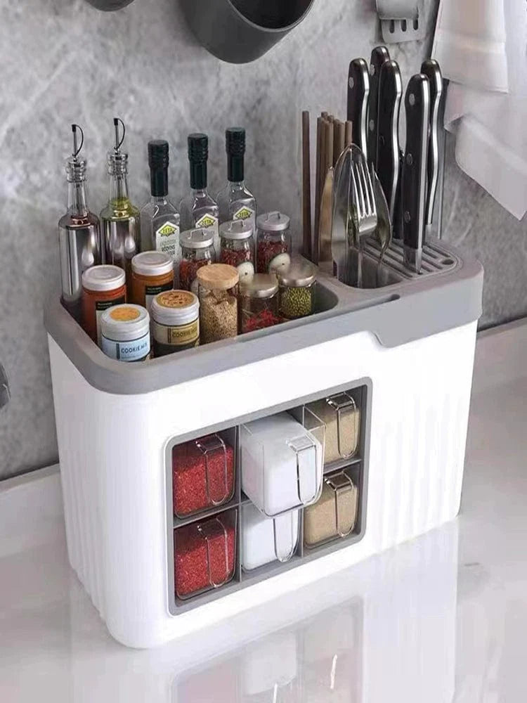 Showlu Nordic multi-compartment spice box and kitchen storage rack with salt, MSG bottles, and utensils in a sleek, organized design.