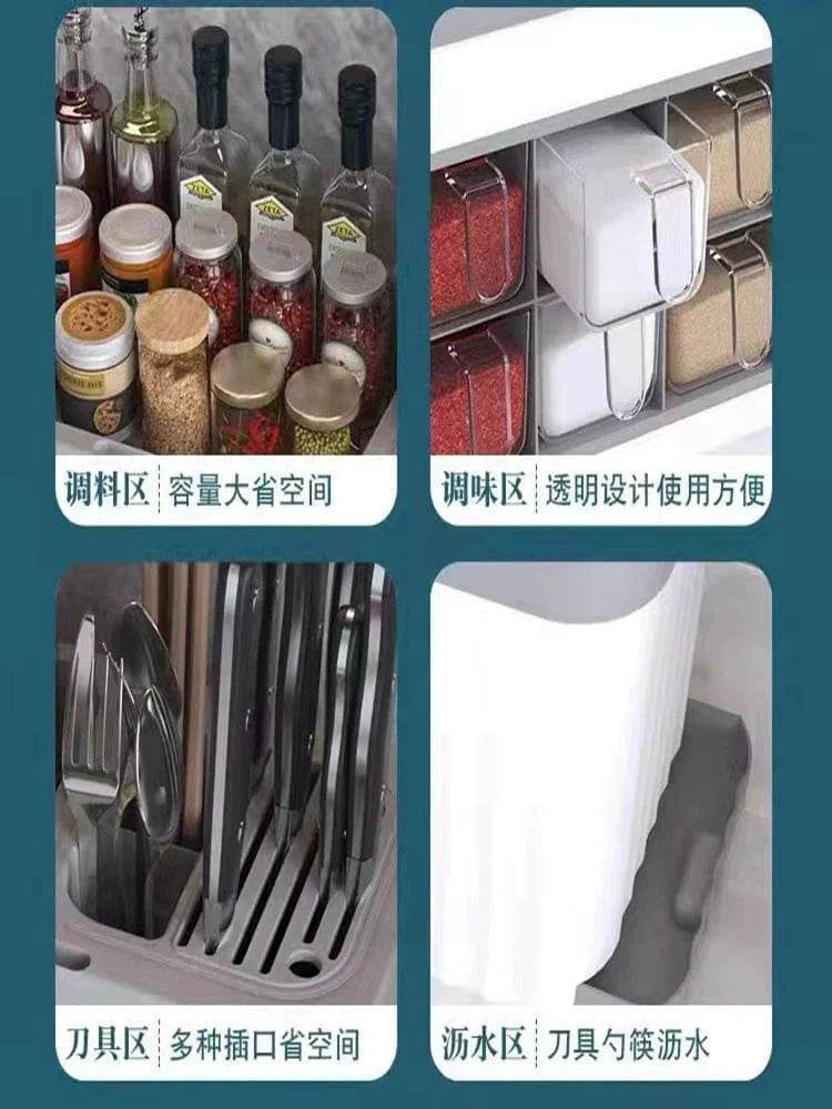 Showlu Nordic multi-compartment spice box and kitchen storage rack with salt, MSG bottles, and utensils for organized cooking.