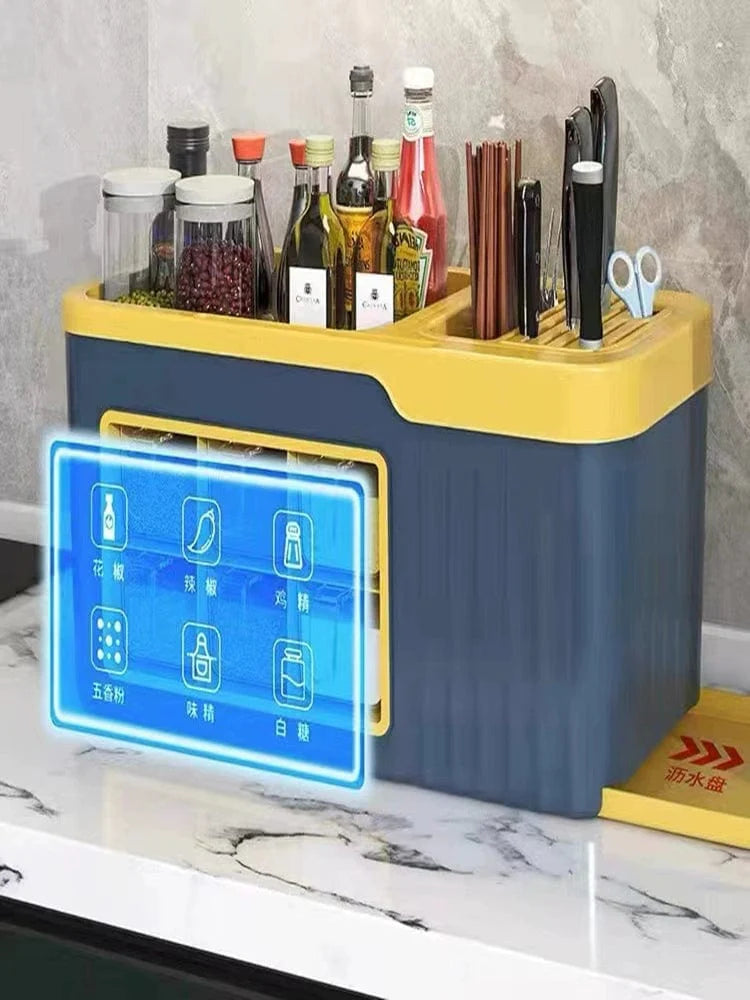 Showlu Nordic multi-compartment spice box and kitchen storage rack with salt, MSG bottles, and utensils for organized kitchen storage.