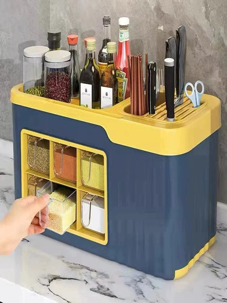 Showlu Nordic multi-compartment spice box and kitchen storage rack with salt, MSG bottles, and utensils for organized kitchen use.