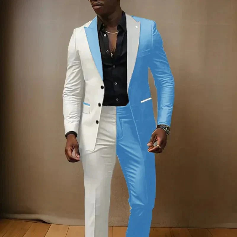 Men's slim fit tuxedo suit with peaked lapel and 3-button jacket, featuring pants, designed for weddings and formal occasions.
