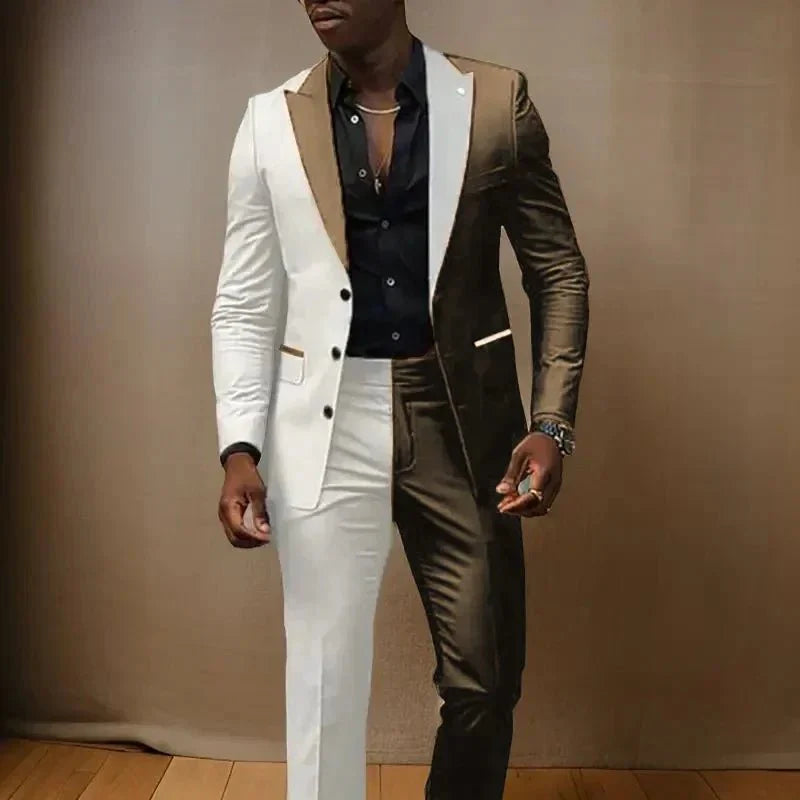 Showlu Fashion men's 2-piece slim fit tuxedo suit with peaked lapel, featuring a jacket with 3-button design and matching pants.