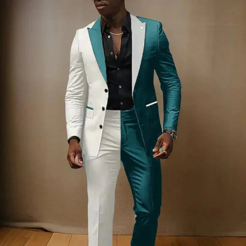 Showlu Fashion men's 2-piece slim fit tuxedo suit with peaked lapel, featuring a jacket with 3 buttons and matching pants.