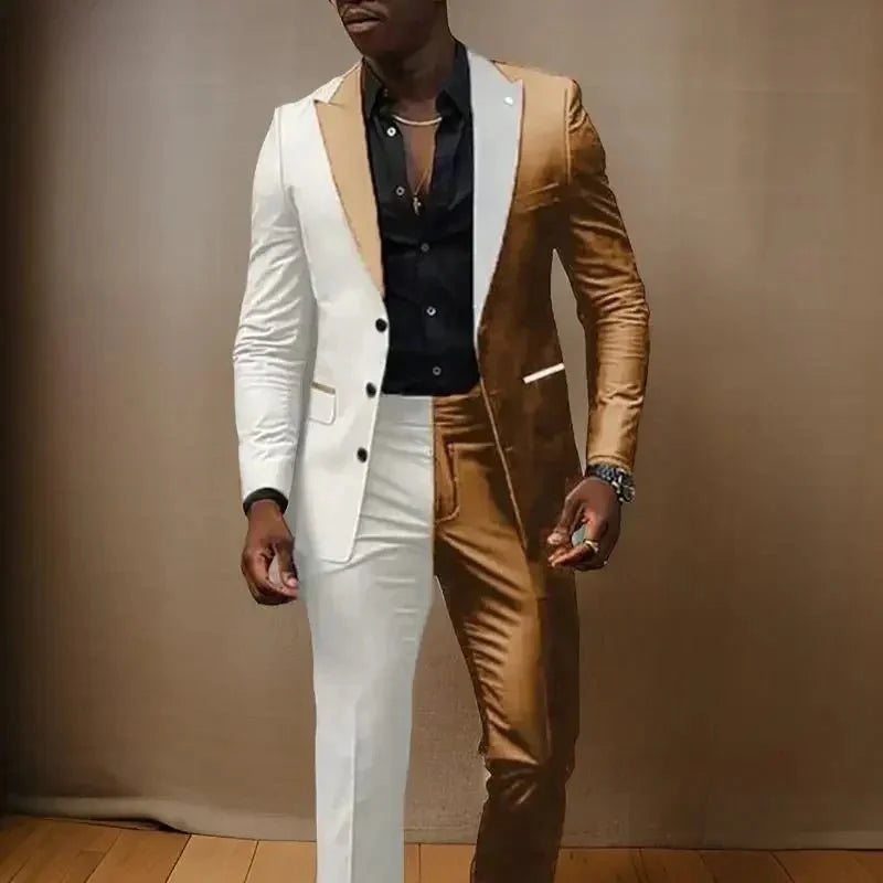 Showlu Fashion men's 2-piece slim fit tuxedo suit with peaked lapel, 3-button jacket and matching pants for formal occasions.