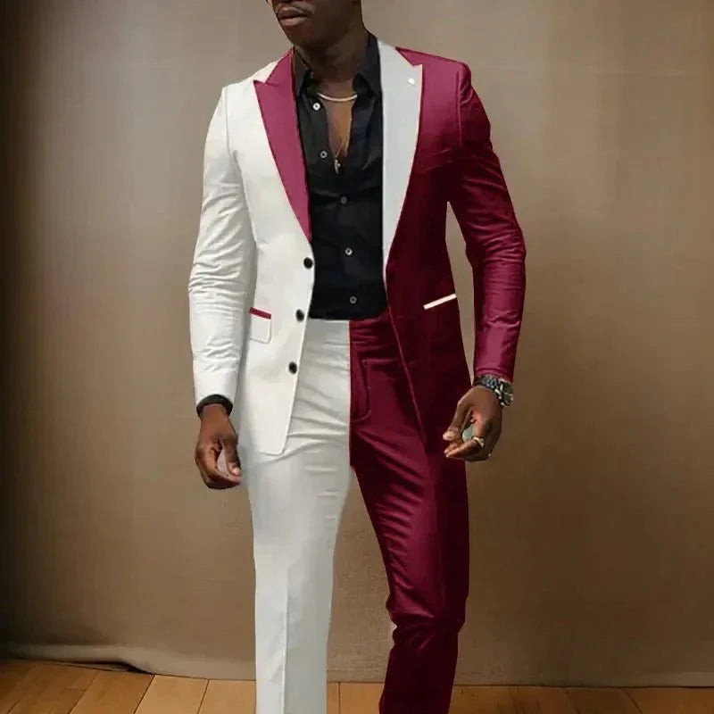 Men's slim fit tuxedo suit with peaked lapel, 2-piece set including jacket and pants, stylish wedding tuxedo by Showlu Fashion.
