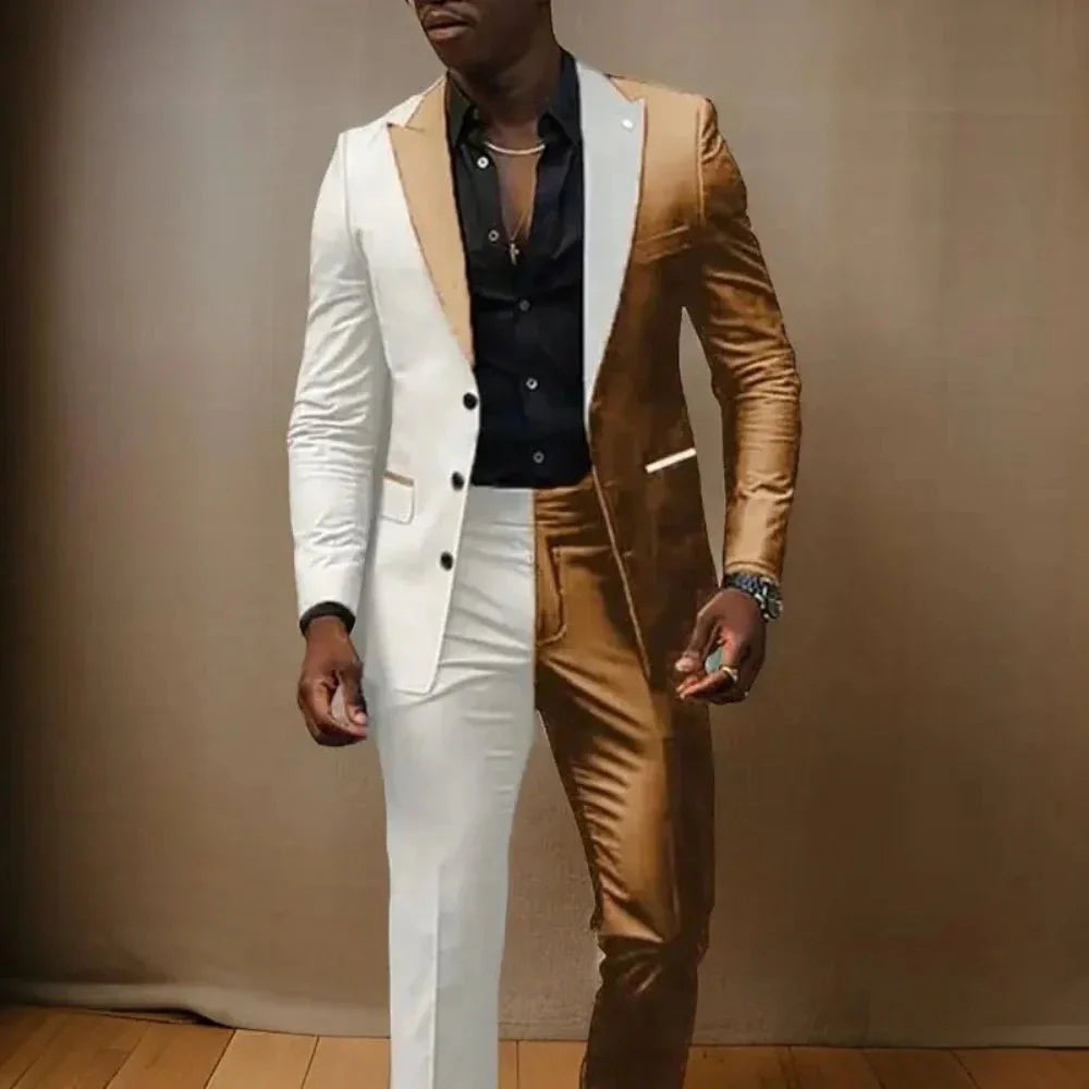 Showlu Fashion men's 2-piece slim fit tuxedo suit with peaked lapel, featuring a jacket and matching pants for wedding or formal events.