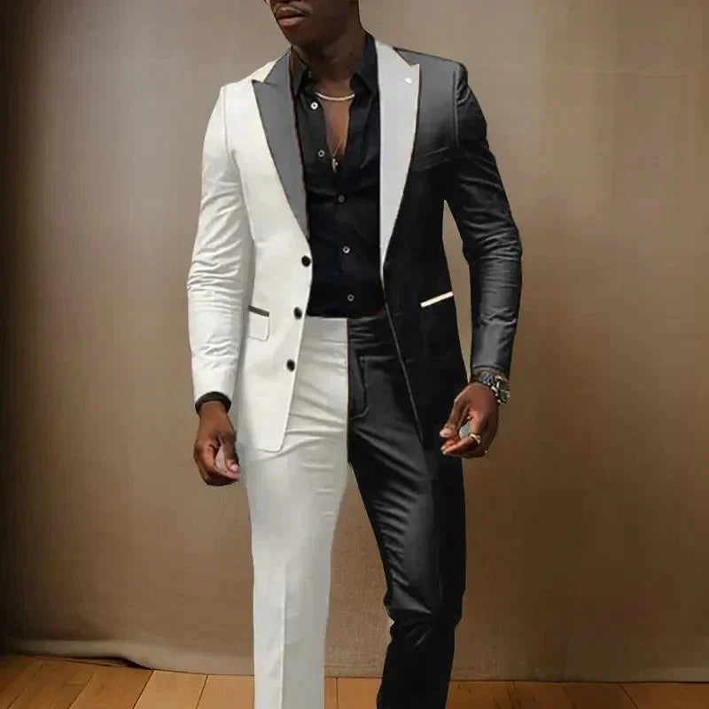 Men's slim fit tuxedo suit with peaked lapel and 3-button jacket, featuring matching pants, ideal for weddings and formal occasions.