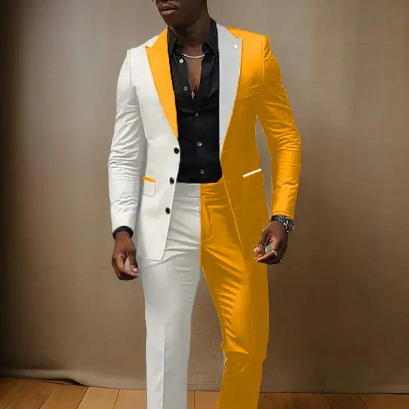 Men's slim fit tuxedo suit with peaked lapel, 2-piece set including jacket and pants, stylish wedding or formal wear by Showlu Fashion.