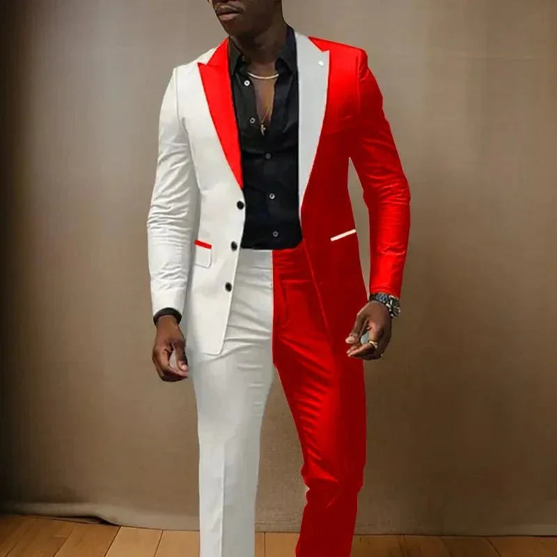 Men's slim fit tuxedo suit with peaked lapel and 3-button jacket, includes matching pants, designed for formal occasions and weddings.