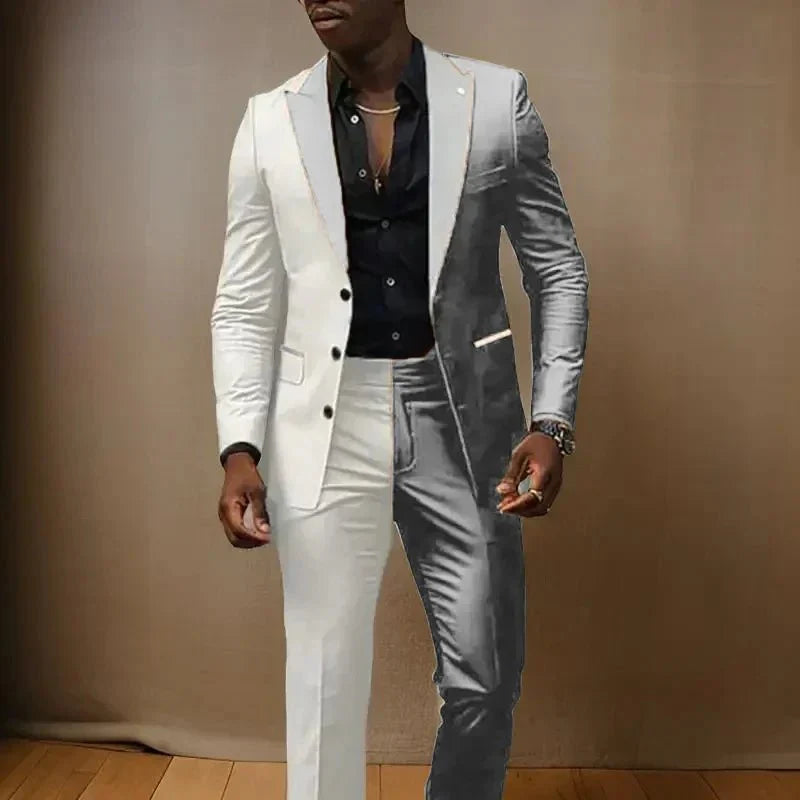 Men's slim fit tuxedo suit with peaked lapel and 3-button jacket, includes matching pants, ideal for weddings and formal events.