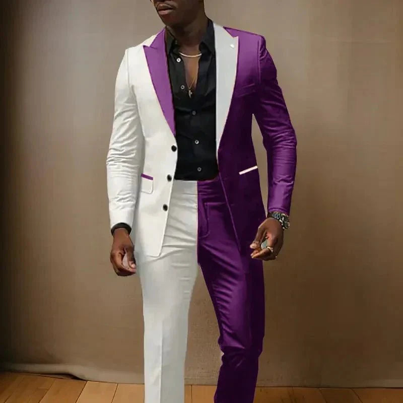 Showlu Fashion men's 2-piece slim fit tuxedo suit with peaked lapel, featuring a jacket with 3 buttons and matching pants, ideal for weddings.