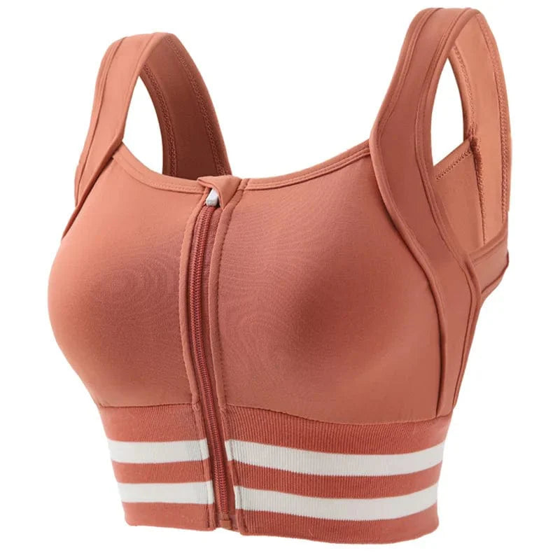 Shockproof zip-front sports bra for women with full coverage and removable padding, ideal for yoga and fitness workouts.