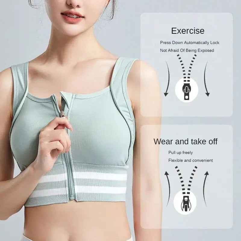 Showlu zip front sports bra for women with shockproof padding, full coverage, and removable pads, ideal for yoga and fitness workouts.