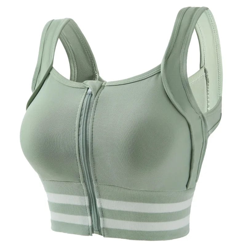 Showlu Zip Front Sports Bra for women with shockproof padding, full coverage, and breathable fabric for yoga and fitness activities.
