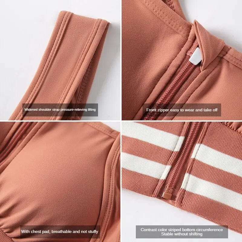 Showlu Zip Front Sports Bra for women with shockproof padding, full coverage, and a secure zip front design, ideal for yoga and fitness.