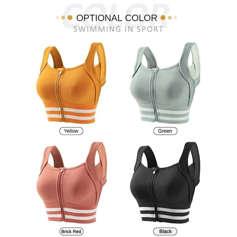 Showlu Zip Front Sports Bra for women, shockproof padded yoga fitness vest with full coverage and removable padding for workout.