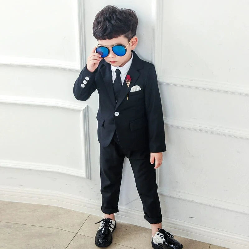 Showlu Flower Girl 3-Piece Suit featuring a floral dress, cardigan, and pants for Korean-style spring and autumn fashion.