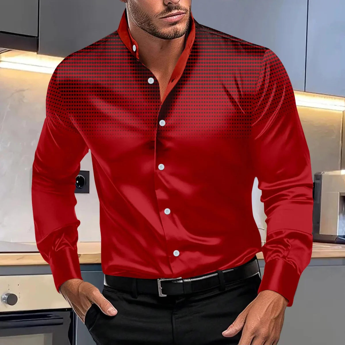 SHOWLU Men's polka dot print long sleeve shirt with elastic fabric and standing collar, ideal for casual spring and autumn wear.