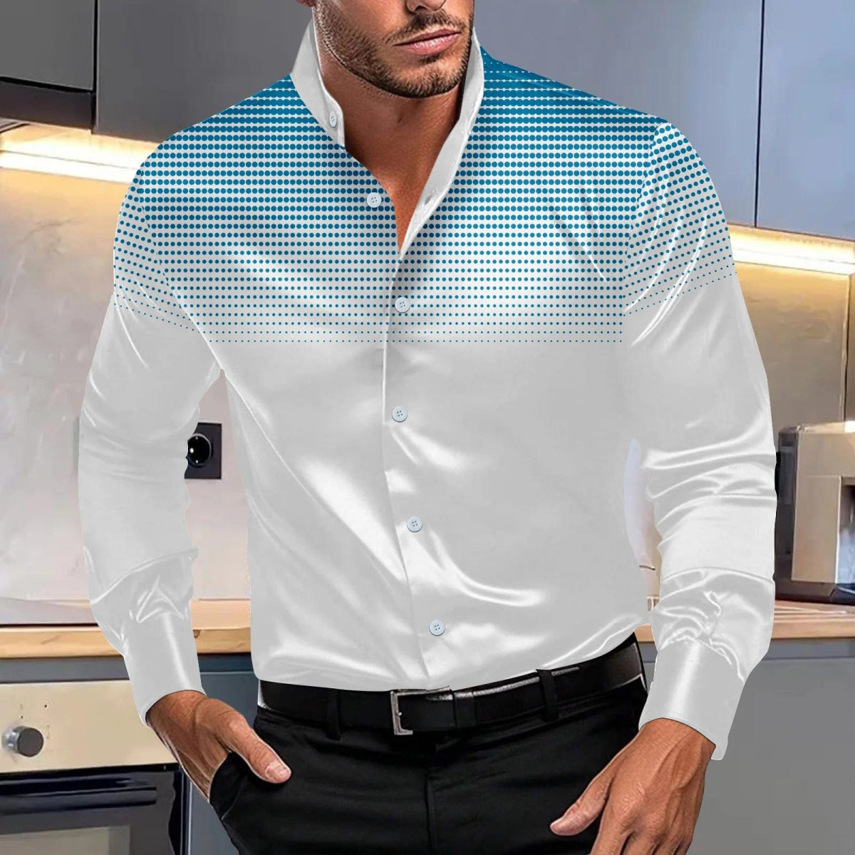Spring and autumn new men's casual four - sided elastic polka dot fashion print comfortable standing collar long sleeve shirt - SHOWLU FASHION STORE
