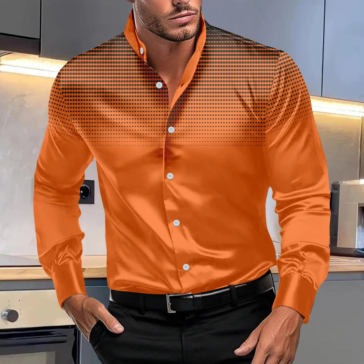 SHOWLU Men's polka dot print shirt with elastic long sleeves and standing collar, casual spring and autumn fashion style.