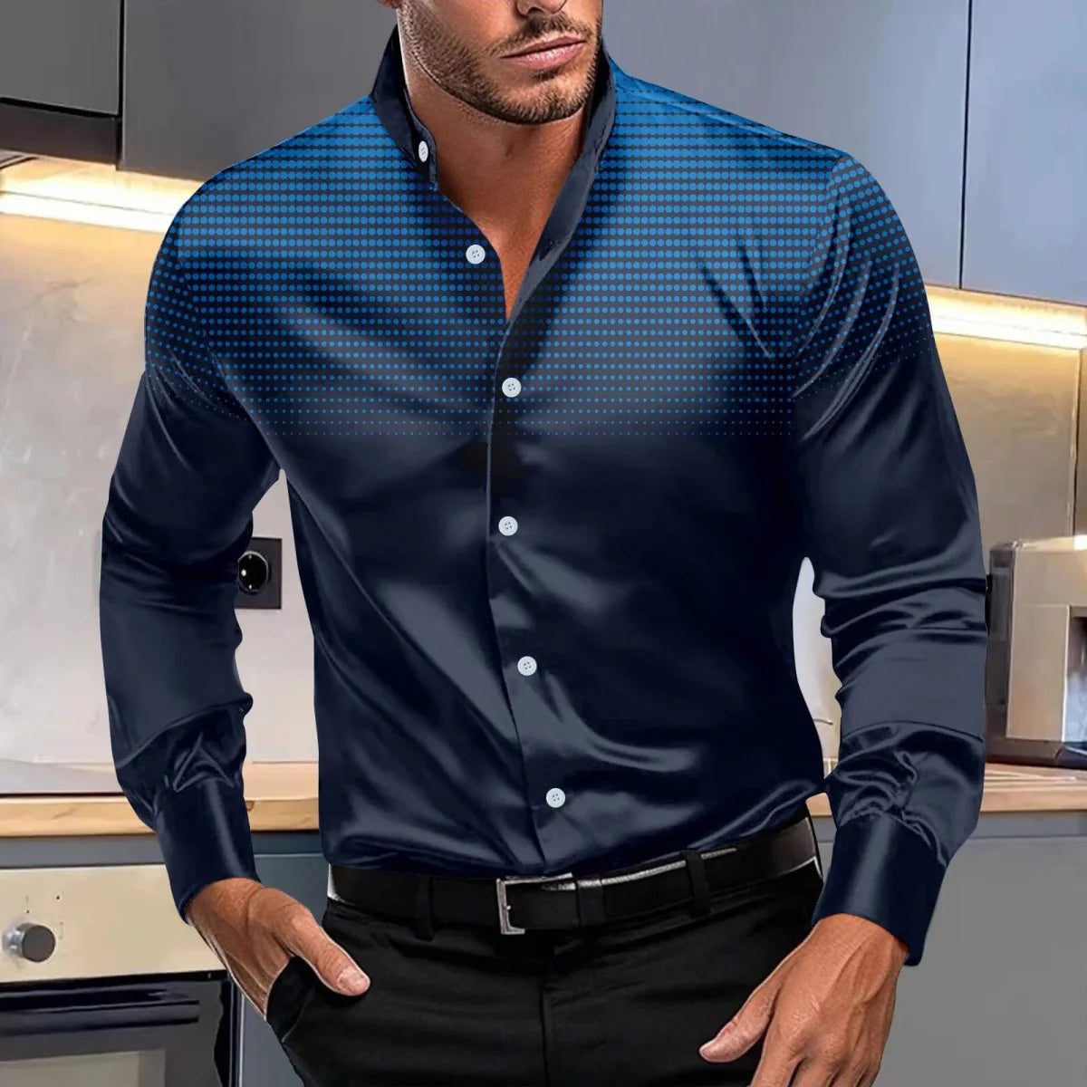 SHOWLU men's polka dot print shirt with long sleeves, elastic fabric, standing collar, suitable for spring and autumn fashion.