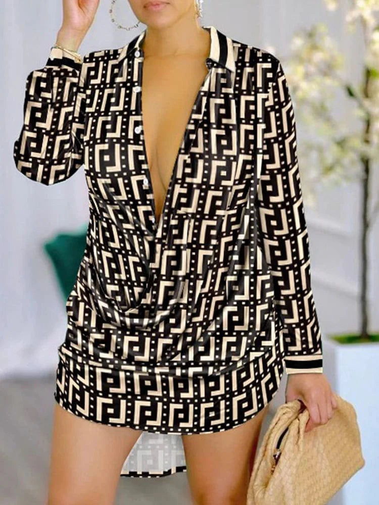 Showlu Fashion women's letter print long sleeve shirt dress with turn-down collar, buttons, and casual mini robe style for spring and autumn.