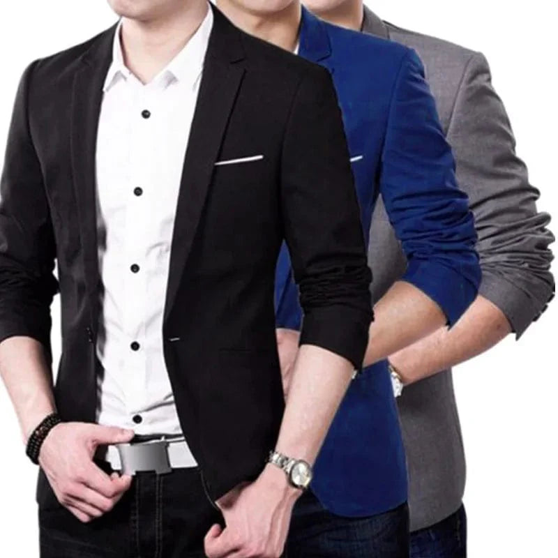 Men's slim fit formal blazer by SHOWLU FASHION STORE featuring solid long sleeves, button lapel, pockets, and back slit.