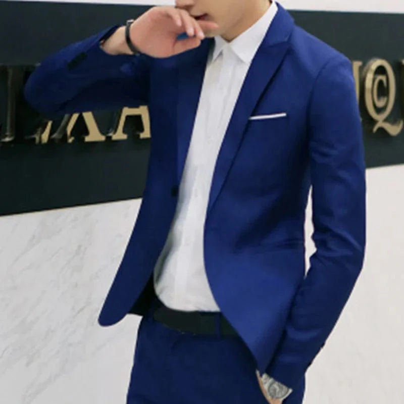 Men's slim fit formal blazer by SHOWLU FASHION STORE, solid long sleeve business jacket with lapel, pockets, and back slit.