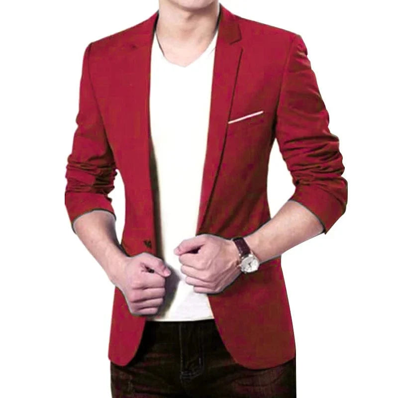 SHOWLU Men's slim fit formal blazer with solid color, long sleeves, lapel, button closure, and back slit for business or casual wear.